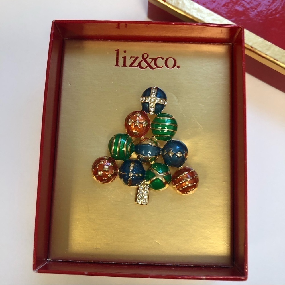 Vtg Christmas Tree Cross Top Ornament Rhinestone Enamel Gold Tone Brooch/ NIB